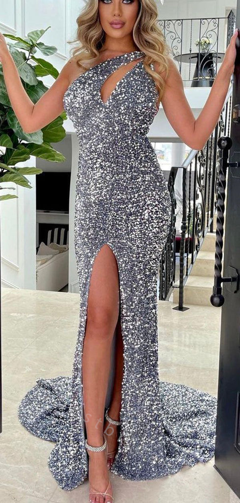Sexy One Shoulder Side Slit Mermaid Long Prom Dress,PDS11519