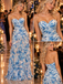Romantic Blue Floral Chiffon Strapless Ruffled Tiered Long Prom Dress,PDS118693