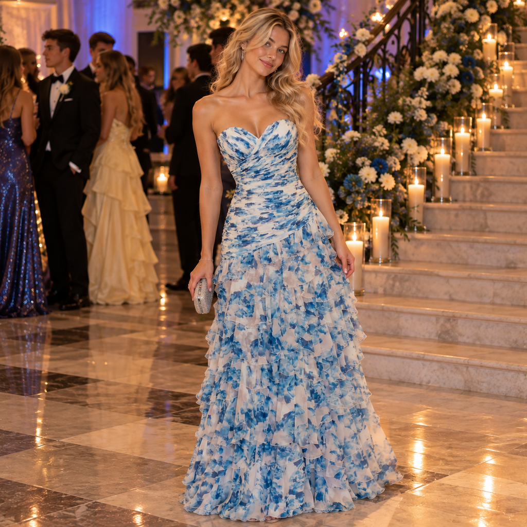 Romantic Blue Floral Chiffon Strapless Ruffled Tiered Long Prom Dress,PDS118693