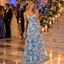 Romantic Blue Floral Chiffon Strapless Ruffled Tiered Long Prom Dress,PDS118693