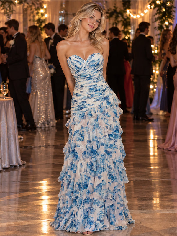 Romantic Blue Floral Chiffon Strapless Ruffled Tiered Long Prom Dress,PDS118693
