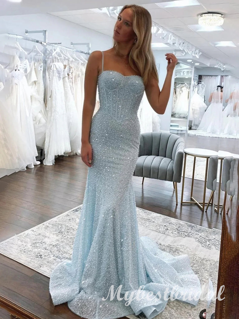 Blue Shiny Sweetheart Sleeveless Mermaid Long Prom Dress,PDS11717