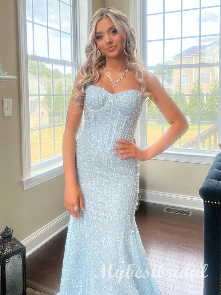 Blue Shiny Sweetheart Sleeveless Mermaid Long Prom Dress,PDS11717