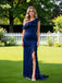 Dark-Navy Ruffles One Shoulder Mermaid Satin Long Prom Party Dress,PDS118511