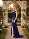 Dark-Navy Ruffles One Shoulder Mermaid Satin Long Prom Party Dress,PDS118511