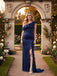 Dark-Navy Ruffles One Shoulder Mermaid Satin Long Prom Party Dress,PDS118511
