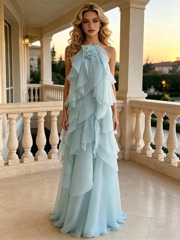 Dreamy Halter Ruffled Chiffon A-Line Long Prom Dress With 3D Flower,PDS118594