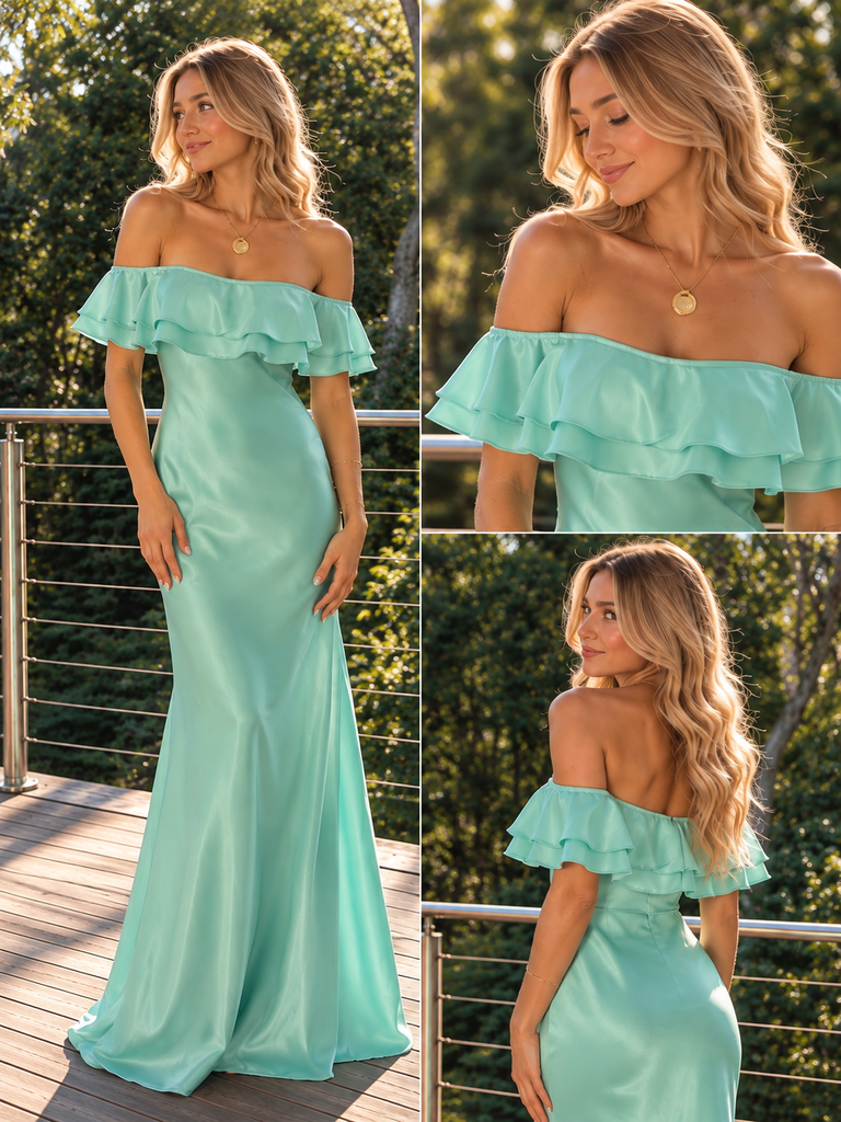 Fresh Mint Satin Off Shoulder Ruffled Mermaid Formal Dress,PDS118695