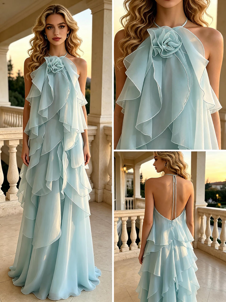 Dreamy Halter Ruffled Chiffon A-Line Long Prom Dress With 3D Flower,PDS118594