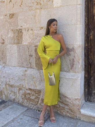 Moss Green One Shoulder Sleeveless Sheath Prom Dress,PDS11612