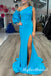 Ocean Blue One Shoulder Side Slit Mermaid Long Prom Dress,PDS11719