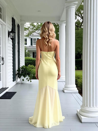 Pretty Yellow Sweetheart Sleeveless Side Slit Mermaid Satin Long Prom Party Dress,PDS118512