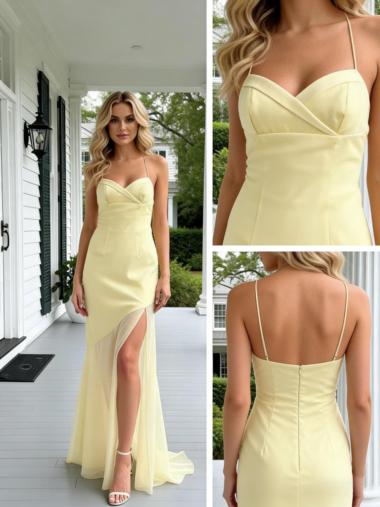 Pretty Yellow Sweetheart Sleeveless Side Slit Mermaid Satin Long Prom Party Dress,PDS118512