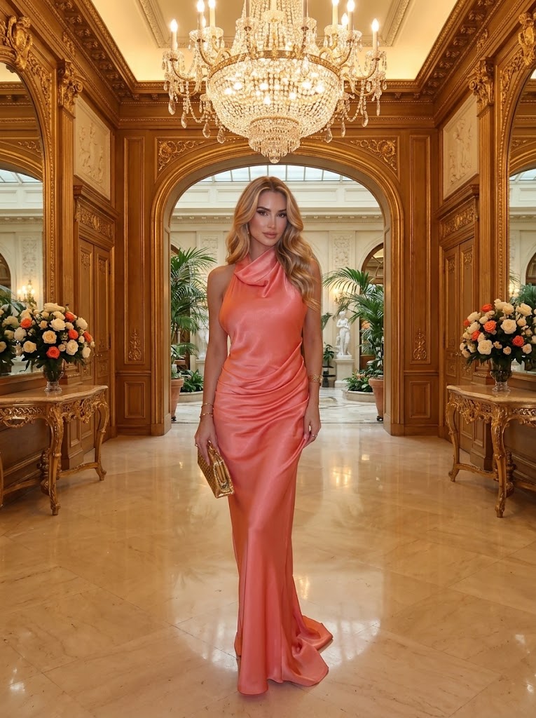 Stunning Halter Cowl Neck Satin Sheath Long Prom Evening Gown,PDS118595