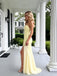 Pretty Yellow Sweetheart Sleeveless Side Slit Mermaid Satin Long Prom Party Dress,PDS118512