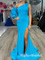 Ocean Blue One Shoulder Side Slit Mermaid Long Prom Dress,PDS11719