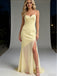 Pretty Yellow Sweetheart Sleeveless Side Slit Mermaid Satin Long Prom Party Dress,PDS118512