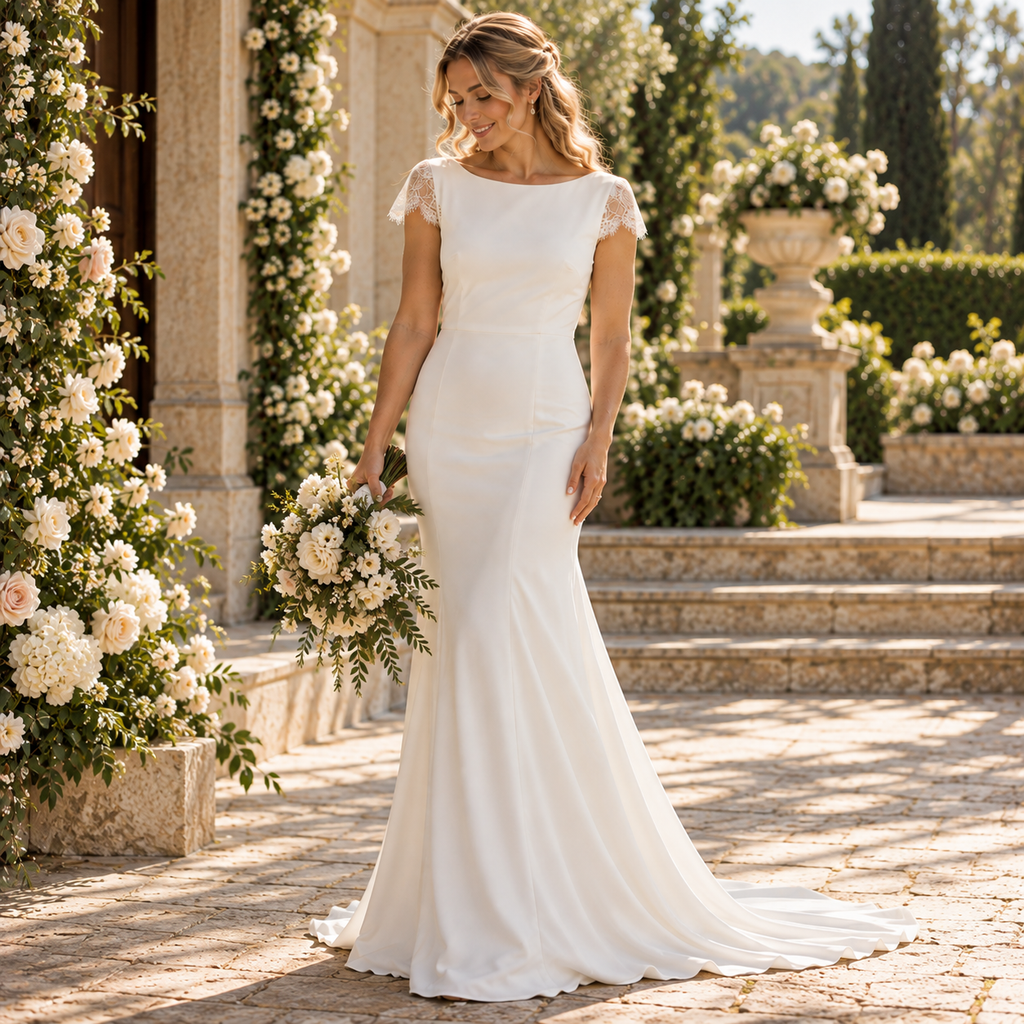 Minimalist Bateau Neck Short Lace Cap Sleeve Chiffon Mermaid Wedding Gown, WD0401