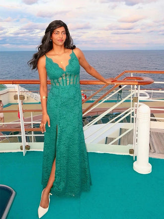 Elegant Lace Spaghetti Straps V-Neck Sleeveless Mermaid Long Prom Party Dress,PDS11778