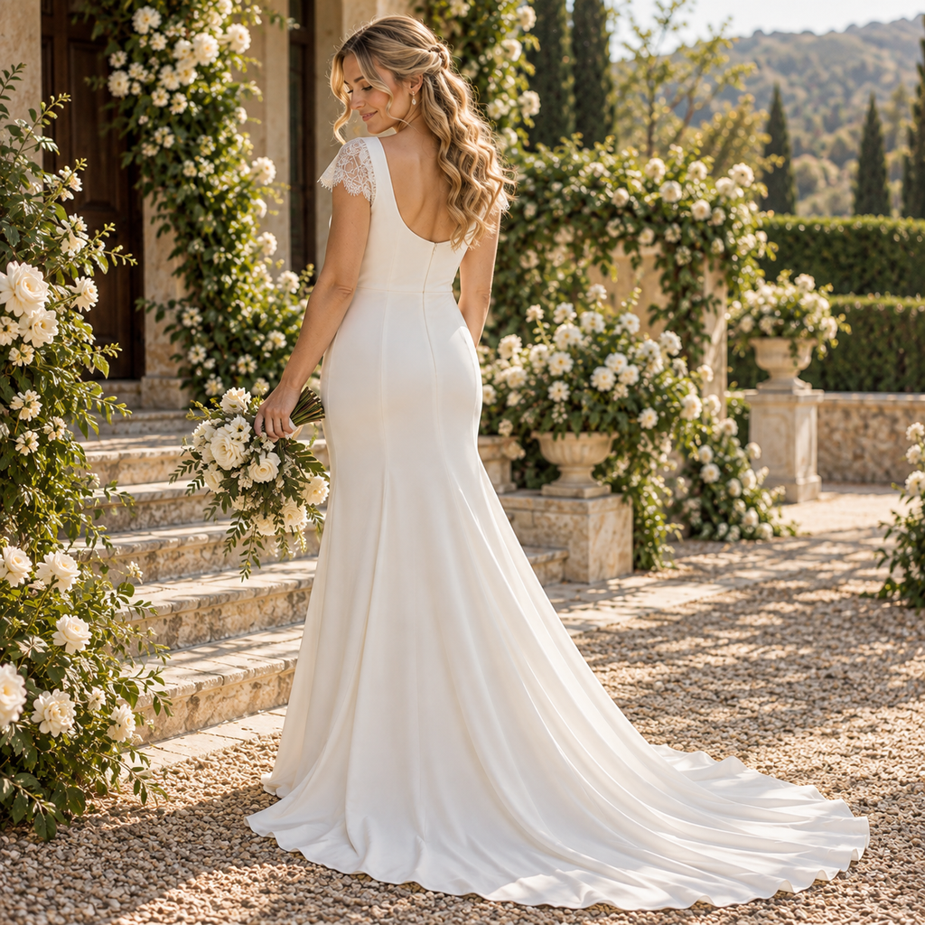 Minimalist Bateau Neck Short Lace Cap Sleeve Chiffon Mermaid Wedding Gown, WD0401