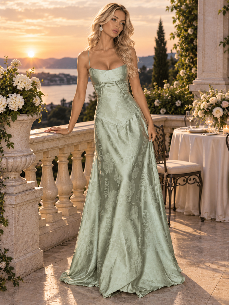 Vintage Sage Green Spaghetti Strap Jacquard Slip Evening Dress,PDS118542