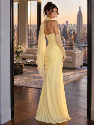 Pale Yellow Strapless Sleeveless Draped Chiffon Slit Formal Party Dress,PDS118813