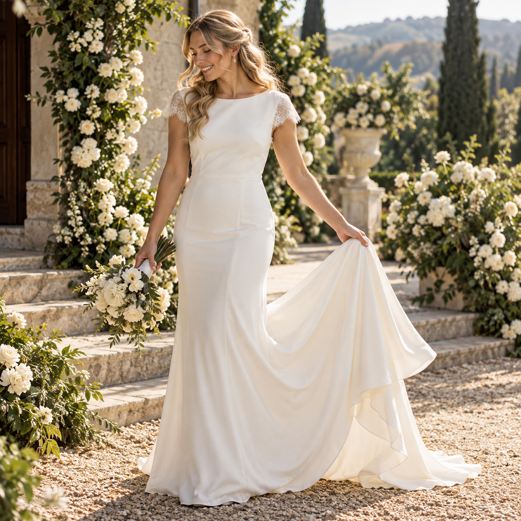 Minimalist Bateau Neck Short Lace Cap Sleeve Chiffon Mermaid Wedding Gown, WD0401