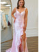 Lovely Pink V-Neck Ruffles Side Slit Sleeveless Mermaid Long Prom Party Dress,PDS11779