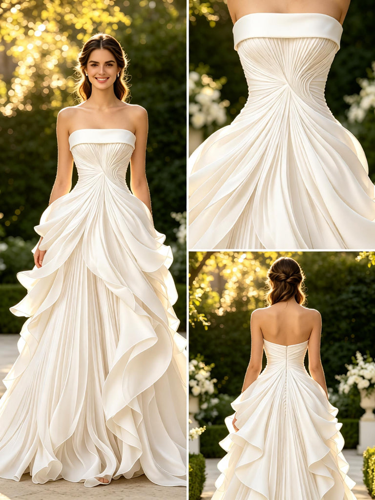 Artistic Pleats Strapless Sleeveless Chiffon A-Line Floor Length Wedding Dresses, WD0383