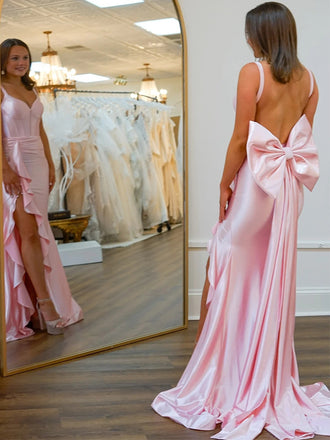 Lovely Pink V-Neck Ruffles Side Slit Sleeveless Mermaid Long Prom Party Dress,PDS11779
