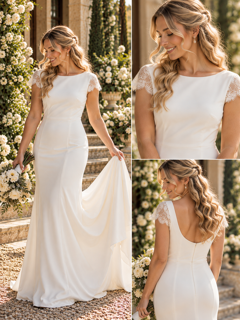 Minimalist Bateau Neck Short Lace Cap Sleeve Chiffon Mermaid Wedding Gown, WD0401