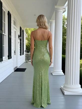Light Green Jewel Sparkly Sequin Sleeveless Mermaid Long Prom Party Dress,PDS11829