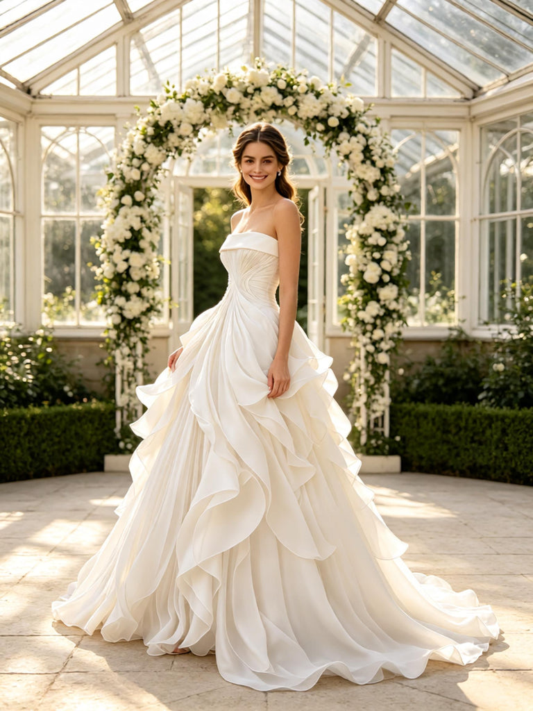 Artistic Pleats Strapless Sleeveless Chiffon A-Line Floor Length Wedding Dresses, WD0383