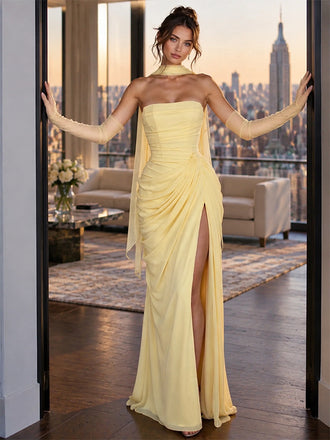 Pale Yellow Strapless Sleeveless Draped Chiffon Slit Formal Party Dress,PDS118813