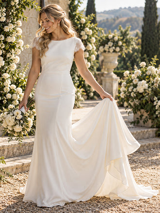 Minimalist Bateau Neck Short Lace Cap Sleeve Chiffon Mermaid Wedding Gown, WD0401