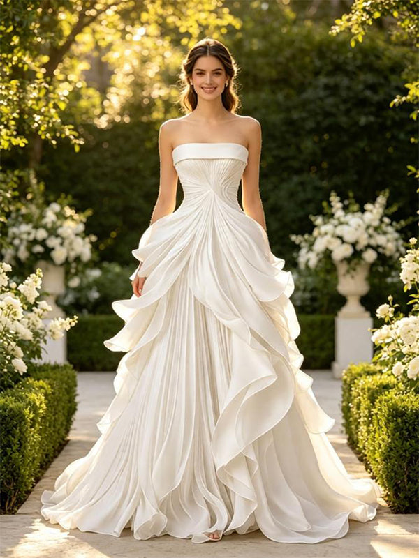 Artistic Pleats Strapless Sleeveless Chiffon A-Line Floor Length Wedding Dresses, WD0383