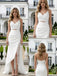 Stunning White V-Neck Sleeveless Lace Side Slit Mermaid Satin Long Prom Party Dress,PDS118513