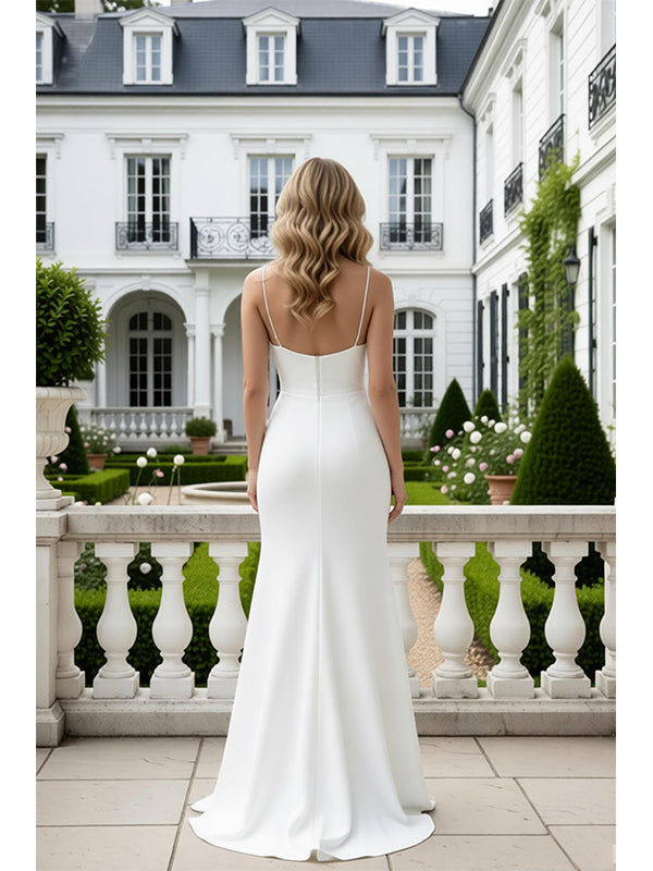 Stunning White V-Neck Sleeveless Lace Side Slit Mermaid Satin Long Prom Party Dress,PDS118513