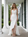 Stunning White V-Neck Sleeveless Lace Side Slit Mermaid Satin Long Prom Party Dress,PDS118513