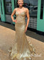 Gold Sparkly V-neck Sleeveless Mermaid Long Prom Dress,PDS11720