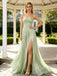 Shimmer Strapless Twist Front Metallic A-Line Long Prom Dress With High Slit,PDS118596