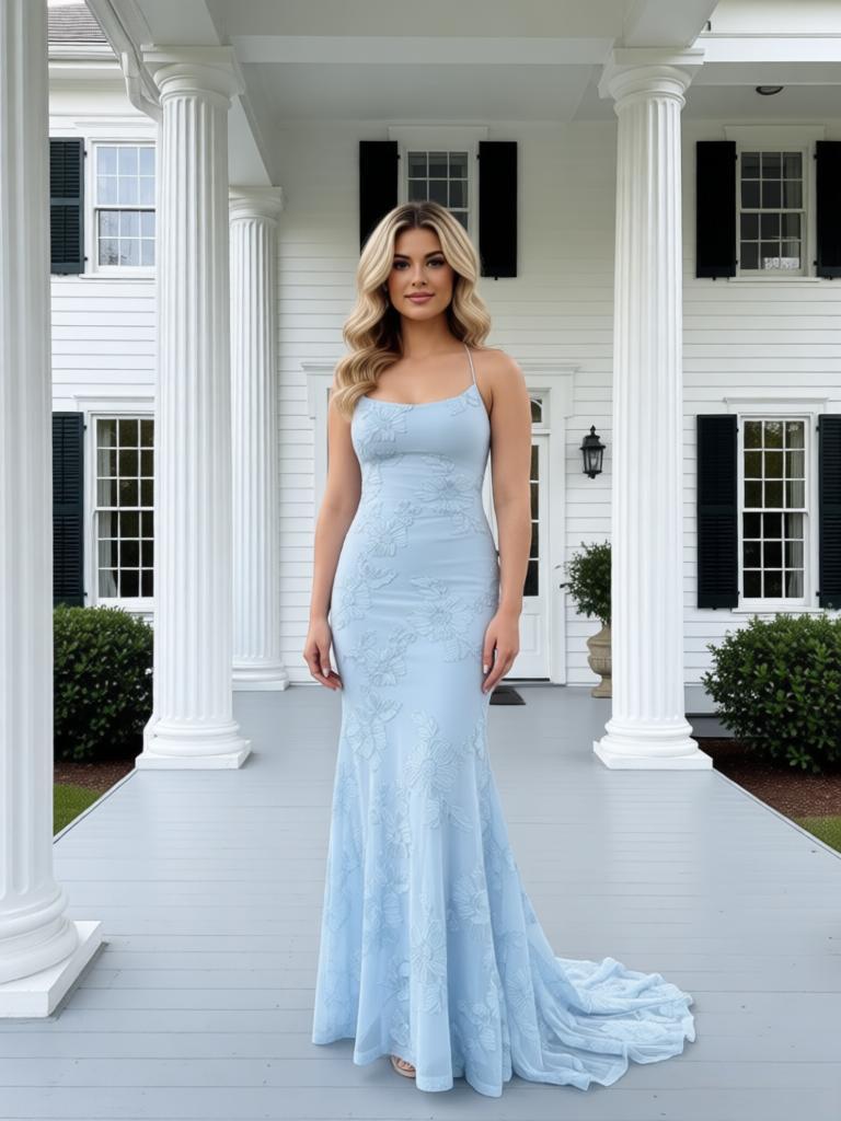 Elegant Spaghetti Straps Lace Appliques Chiffon Long Prom Party Dress,PDS118516