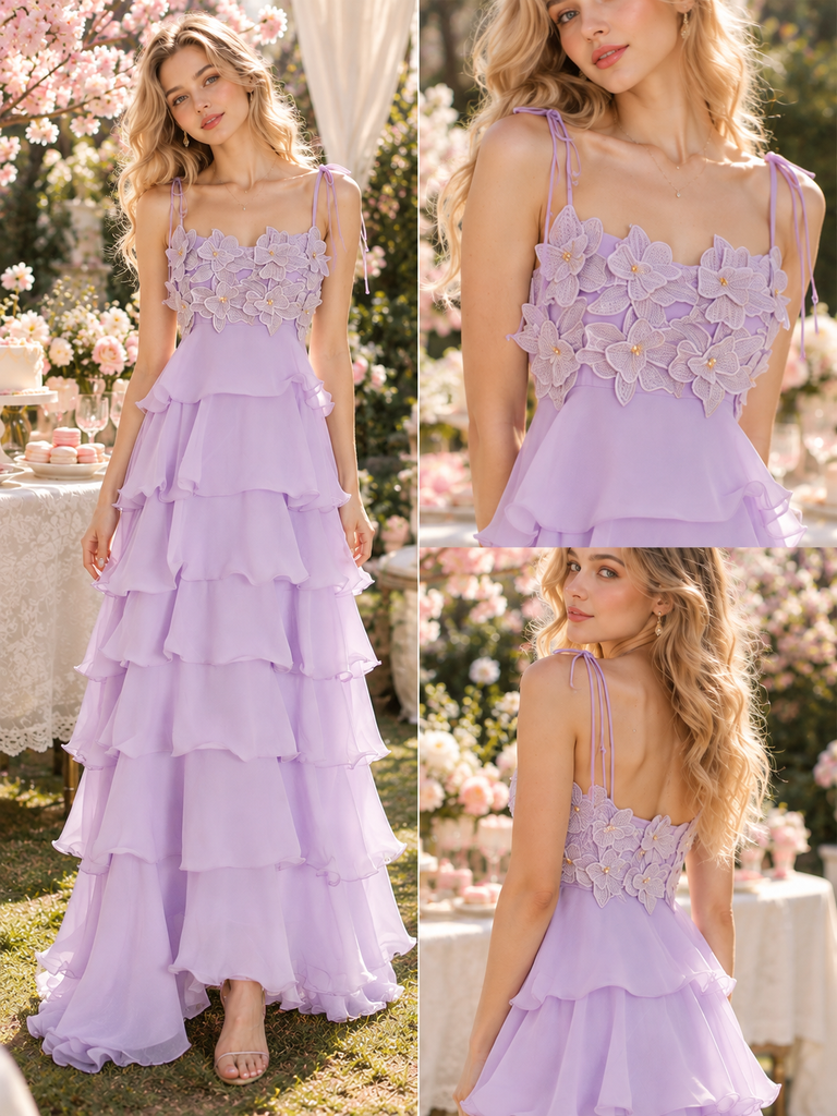 Romantic 3D Floral Chiffon Spaghetti Strap Tiered Long Prom Dress,PDS118698