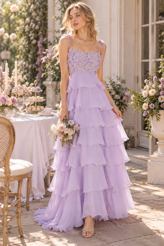 Romantic 3D Floral Chiffon Spaghetti Strap Tiered Long Prom Dress,PDS118698