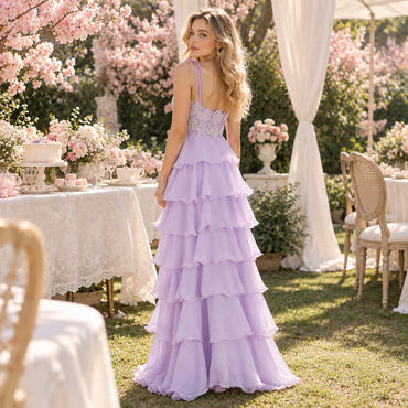 Romantic 3D Floral Chiffon Spaghetti Strap Tiered Long Prom Dress,PDS118698