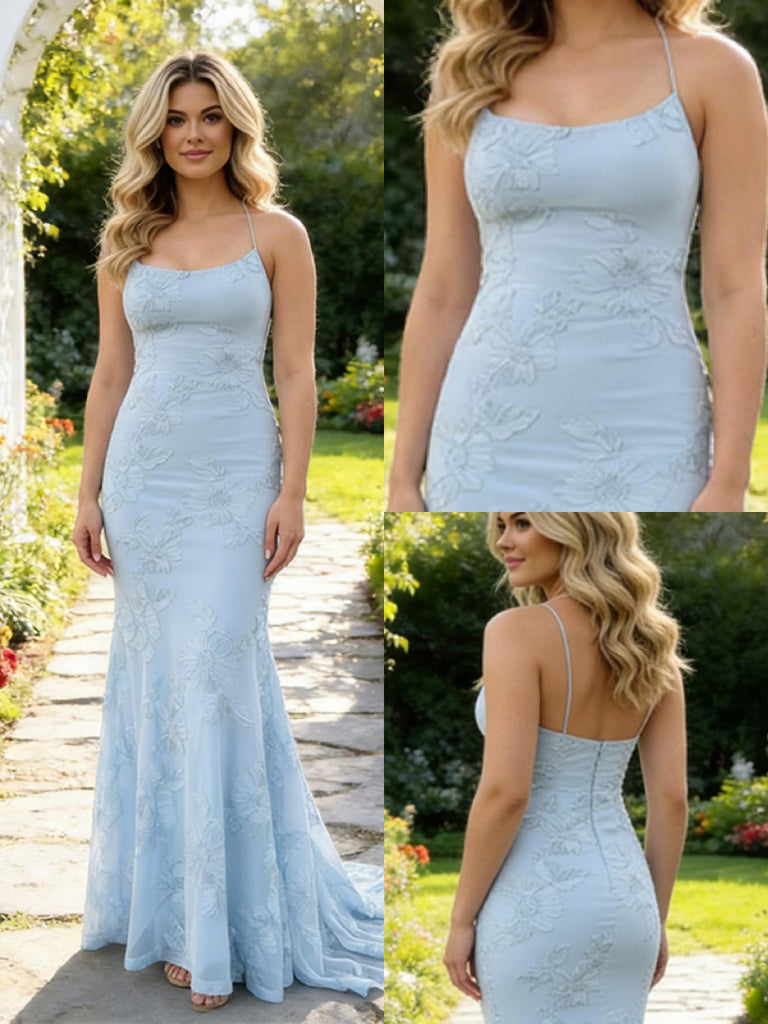 Elegant Spaghetti Straps Lace Appliques Chiffon Long Prom Party Dress,PDS118516