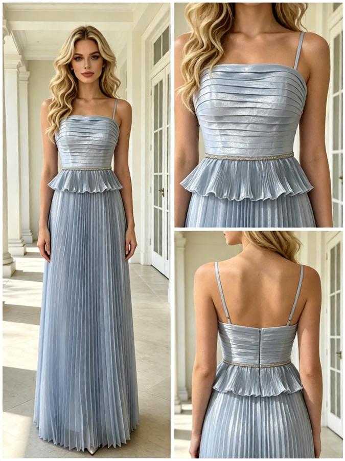 Dusty Blue Spaghetti Straps Pleated Chiffon Peplum A Line Long Evening Prom Dress,PDS118597