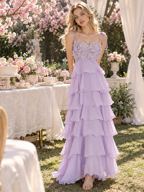 Romantic 3D Floral Chiffon Spaghetti Strap Tiered Long Prom Dress,PDS118698