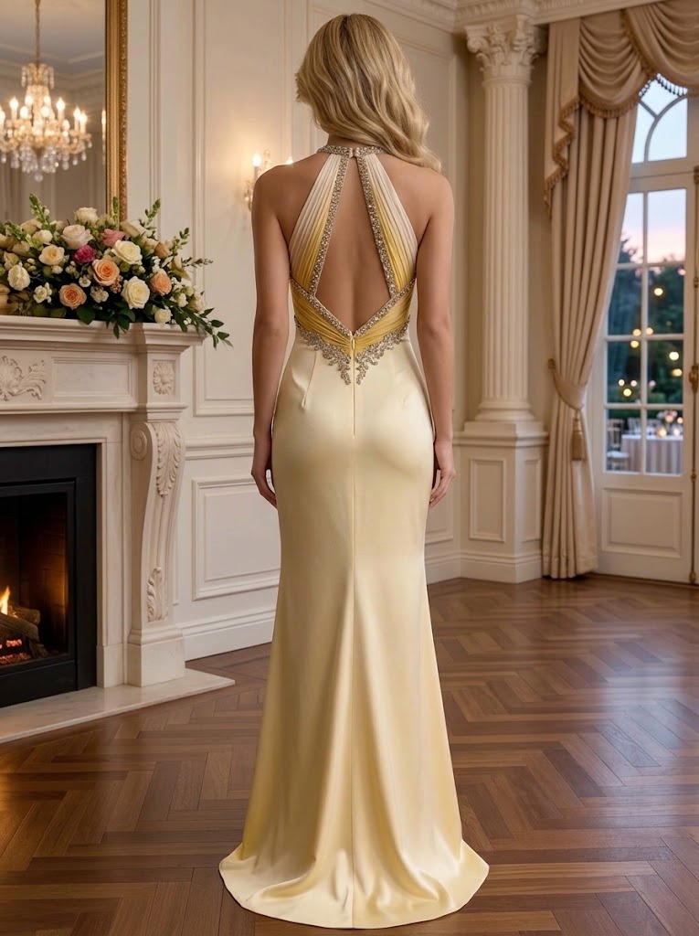 Pale Yellow Halter Beaded Ruched Satin Mermaid Long Formal Party Gown,PDS118598
