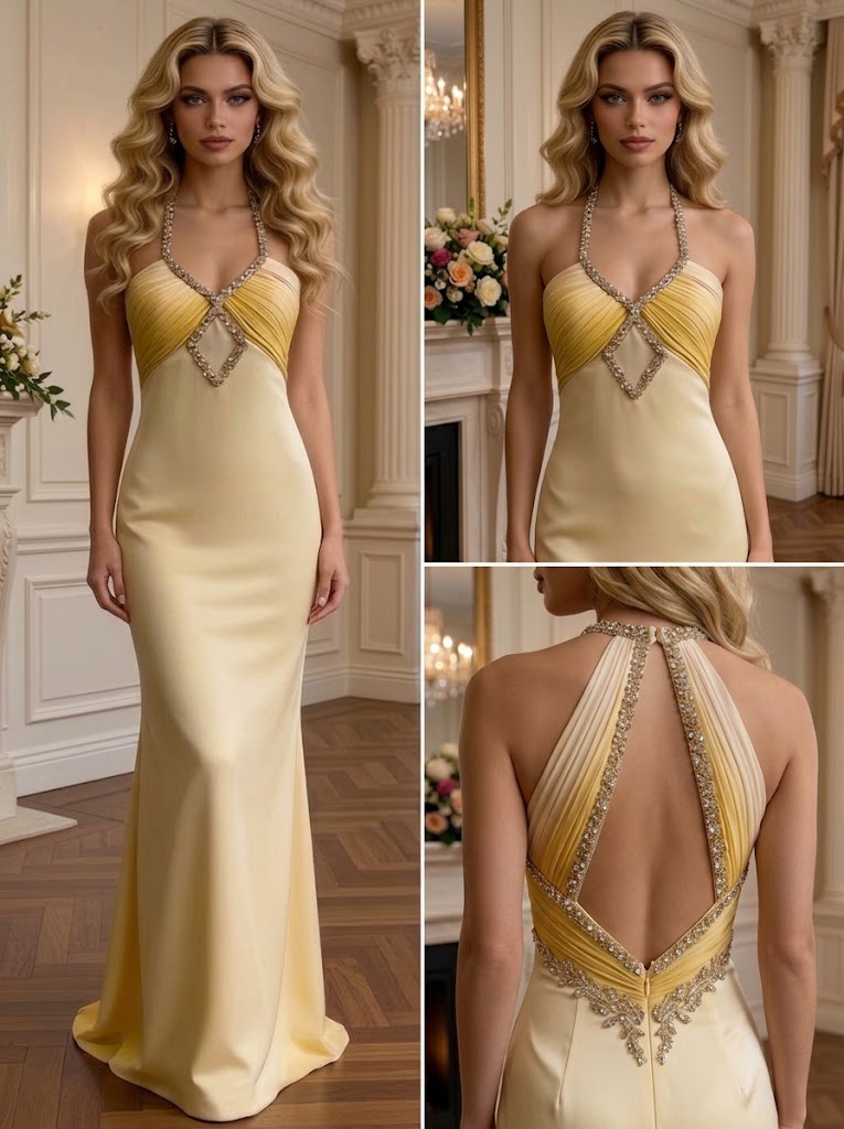 Pale Yellow Halter Beaded Ruched Satin Mermaid Long Formal Party Gown,PDS118598